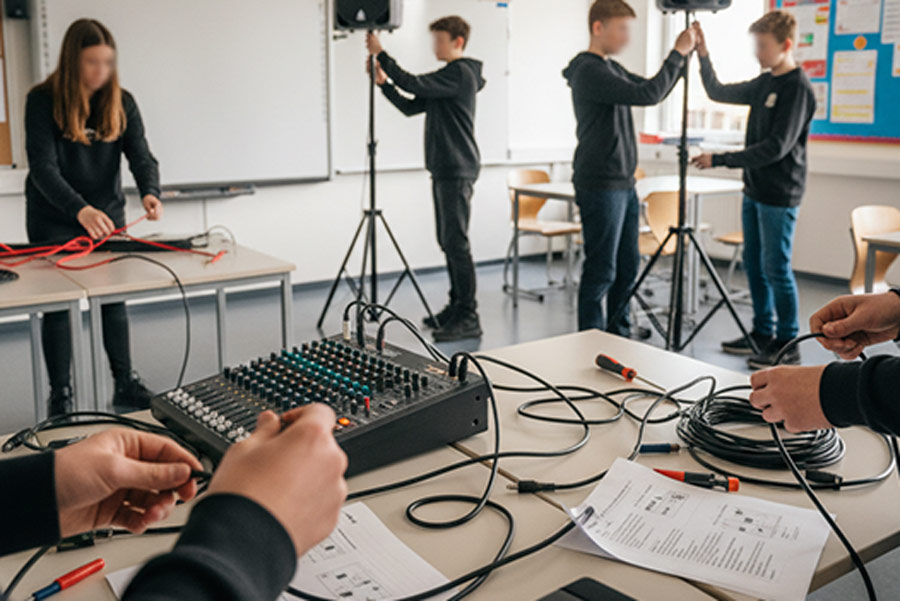 Schüler bauen Theatertechnik auf